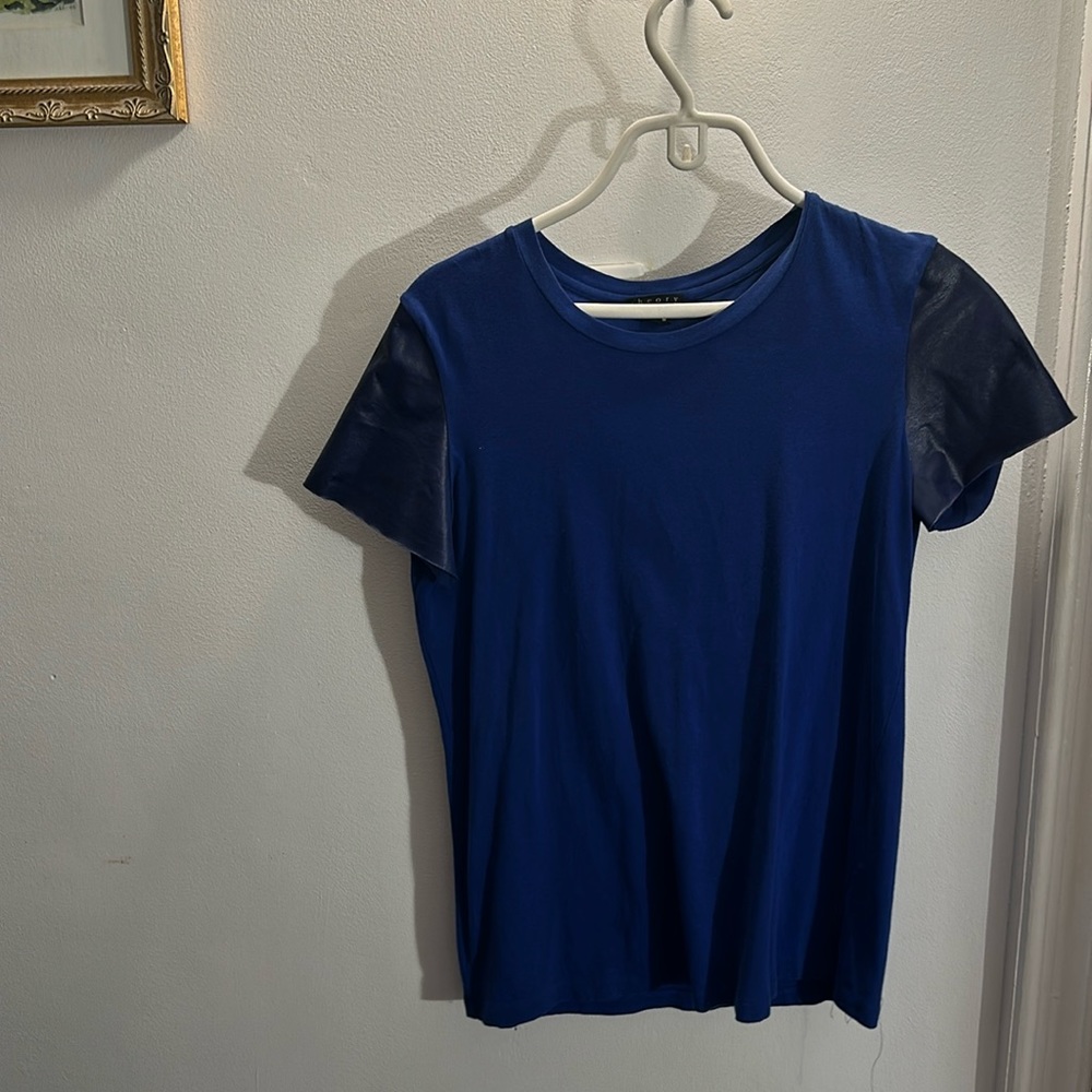 Theory: Royal blue shirt with vegan leather sleeves - M